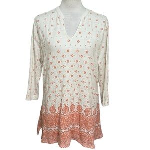 Blue Mountain‎ Summer Cotton Tunic Blouse Mosaic Print Orange White Pullover